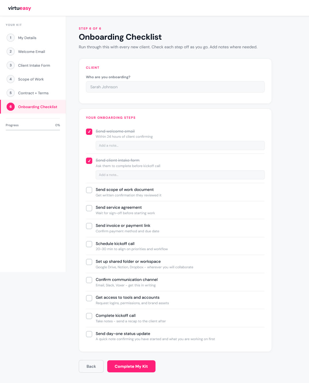 Onboarding Checklist step - a checkable list that resets for each new client
