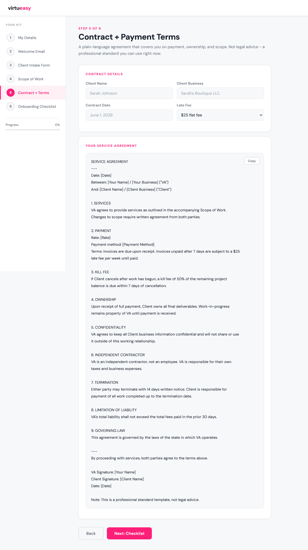Contract step - a plain-language service agreement with payment terms