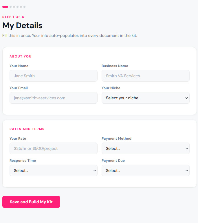 My Details step - enter your name, rate, and terms once to auto-fill every document