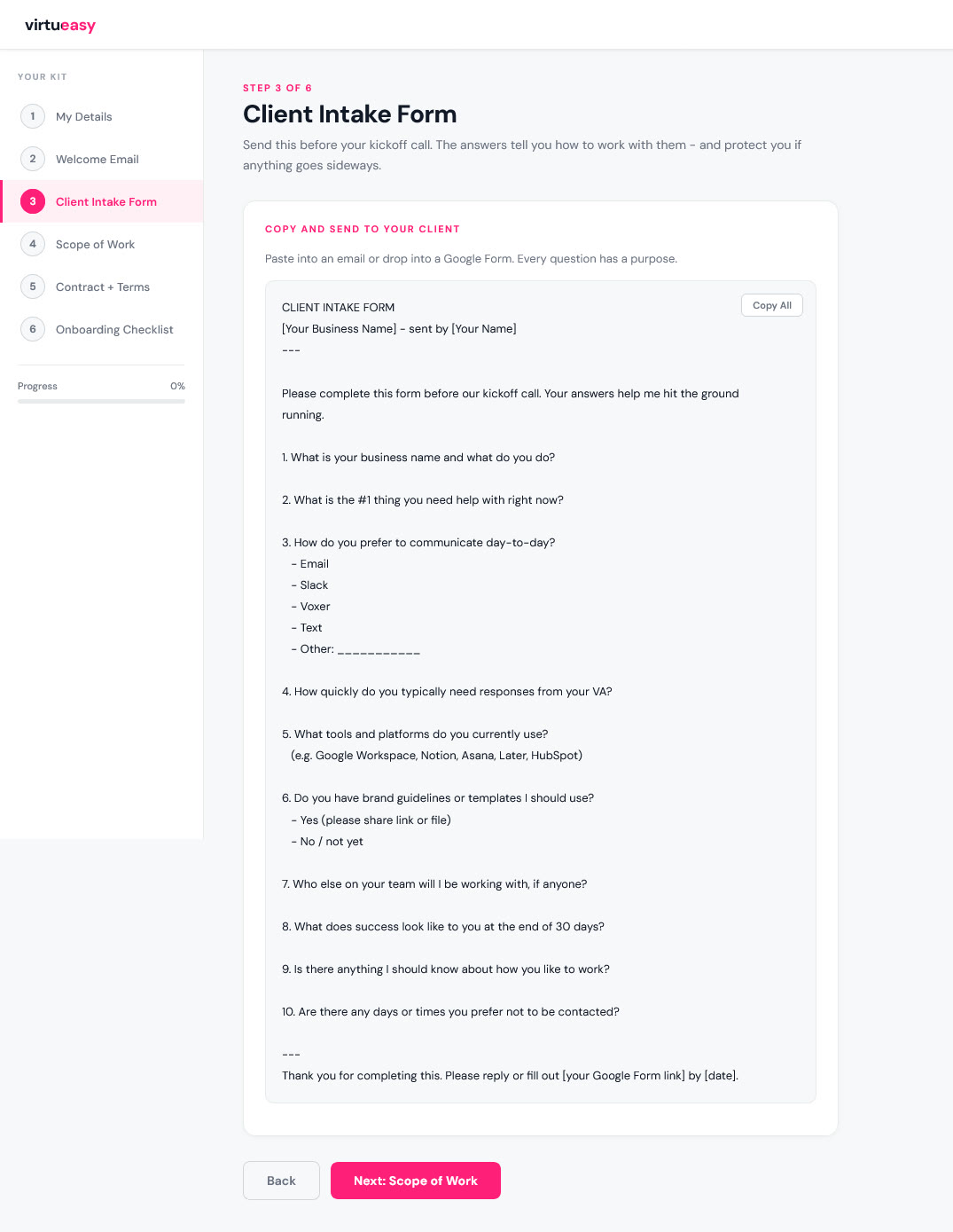 Client Intake Form step - ten questions ready to copy and send