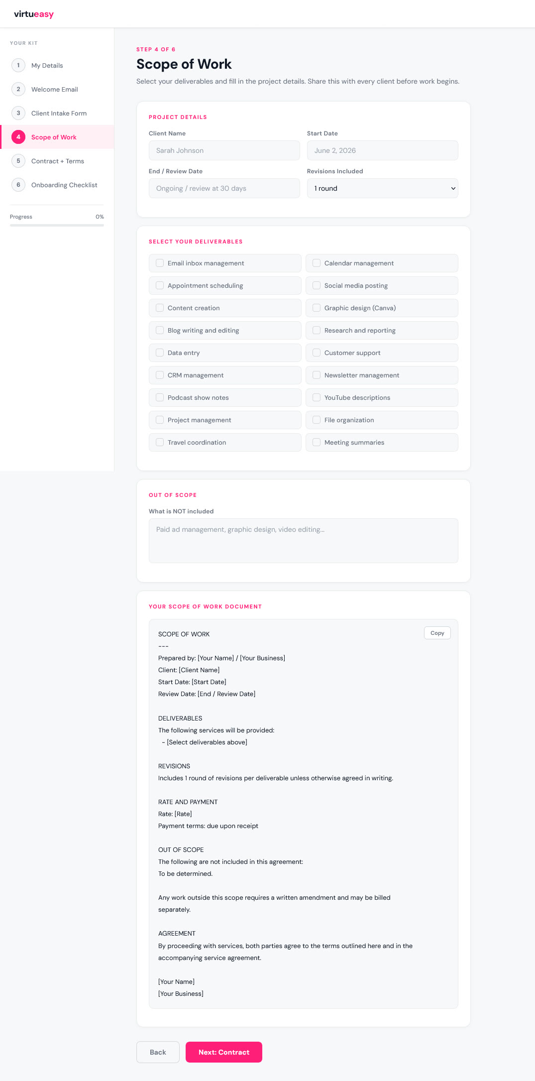 The Onboarding Kit app - Scope of Work step with a sidebar wizard, selectable deliverables, and an auto-generated document