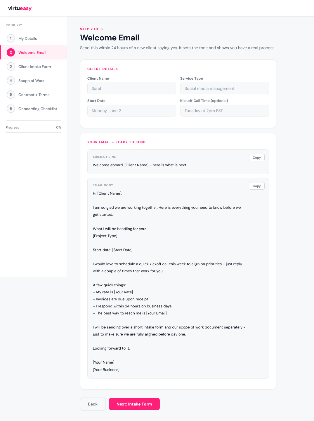 Welcome Email step - a ready-to-send email with one-click copy